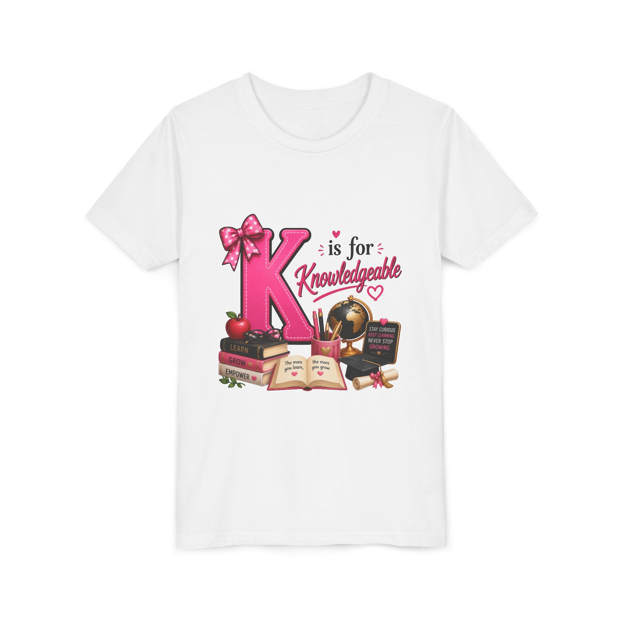 Youth Tee - "K is for Knowledgeable" Pink Alphabet School Shirt