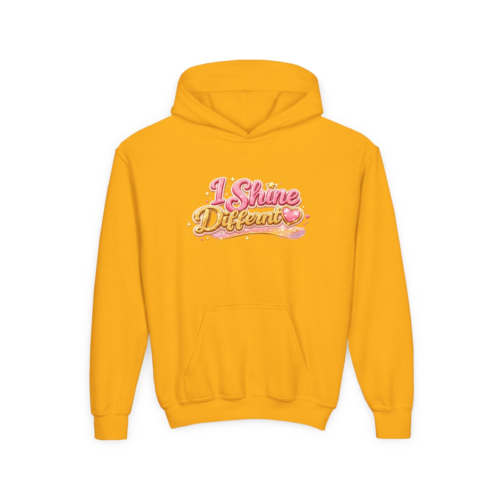 Youth Hoodie — "I Shine Different" Cute Pink Glitter Text Kids Pullover