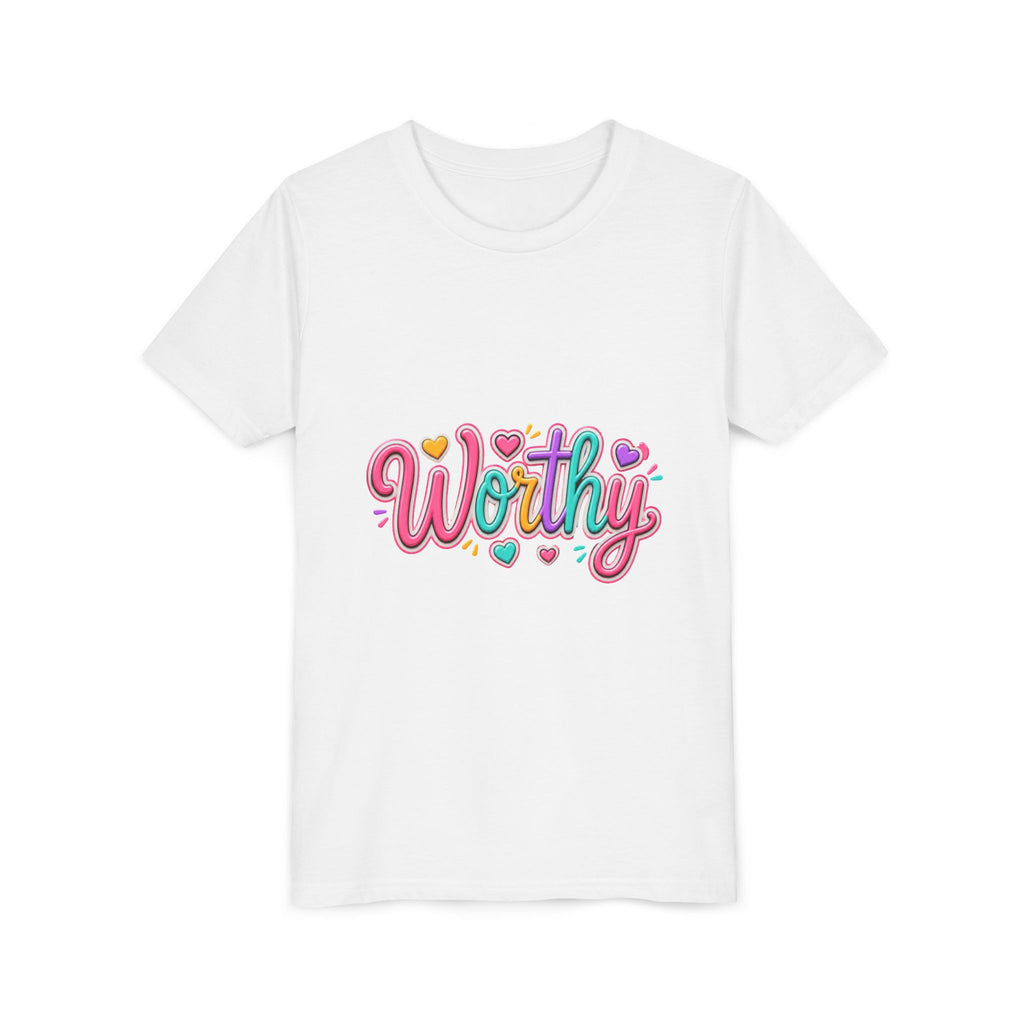 Worthy Kids Tee — Colorful Heart Graphic Youth Short Sleeve Shirt
