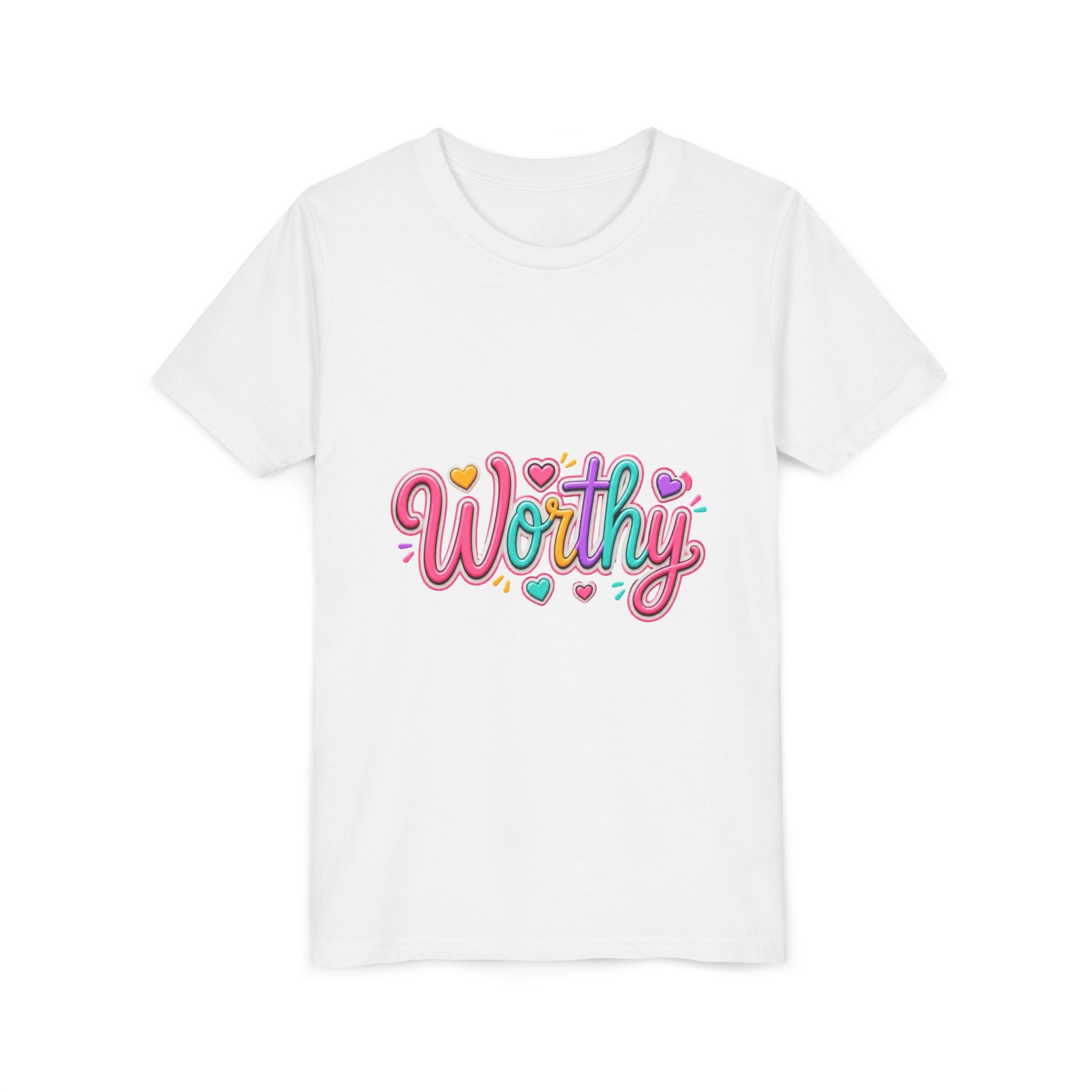 Worthy Kids Tee — Colorful Heart Graphic Youth Short Sleeve Shirt