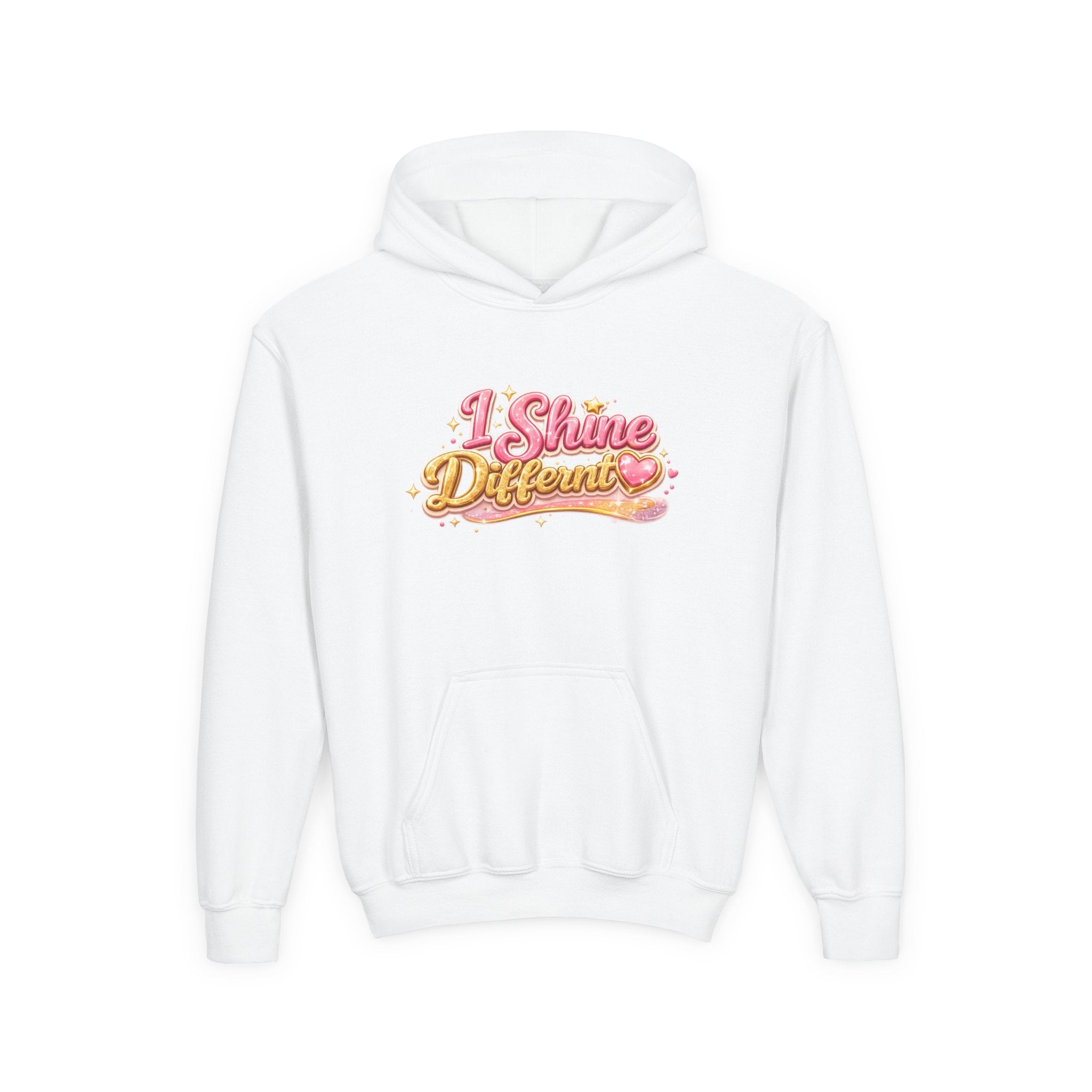 Youth Hoodie — "I Shine Different" Cute Pink Glitter Text Kids Pullover