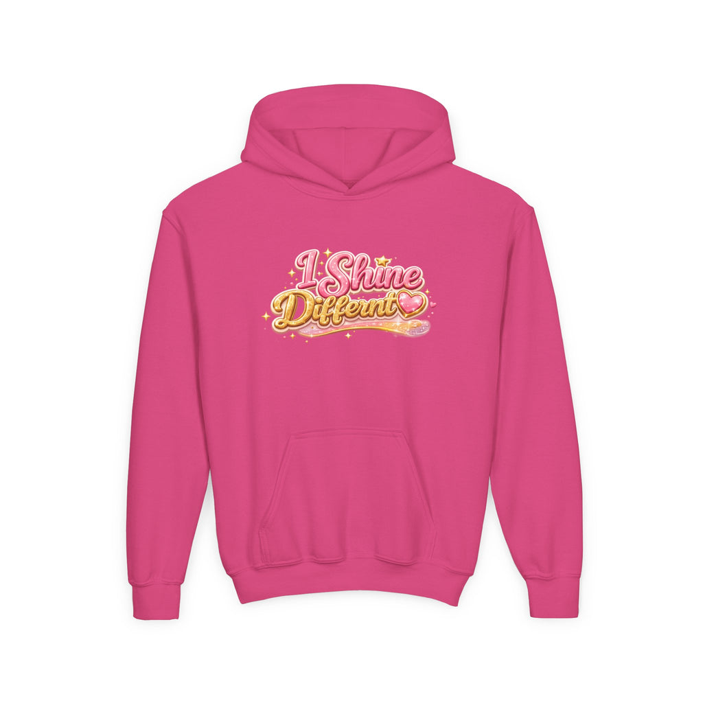 Youth Hoodie — "I Shine Different" Cute Pink Glitter Text Kids Pullover