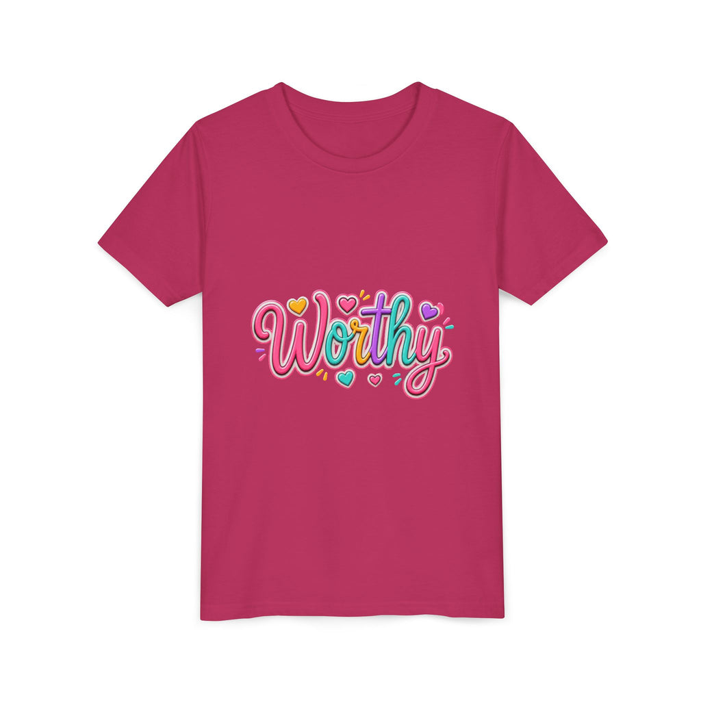 Worthy Kids Tee — Colorful Heart Graphic Youth Short Sleeve Shirt