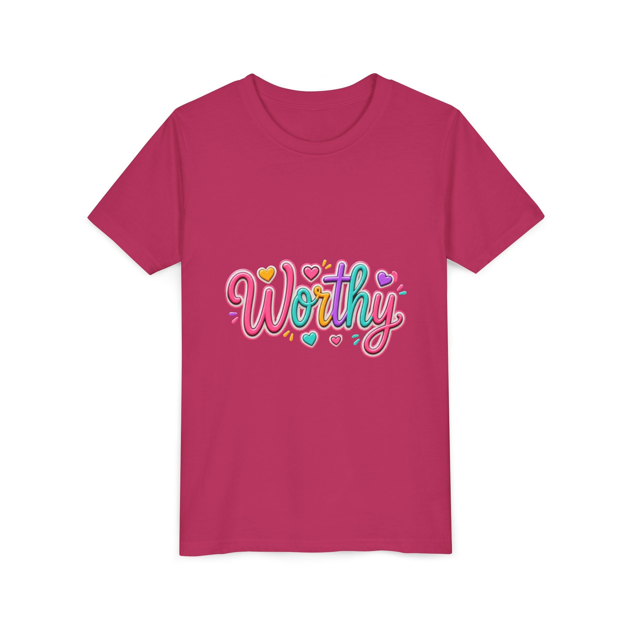 Worthy Kids Tee — Colorful Heart Graphic Youth Short Sleeve Shirt