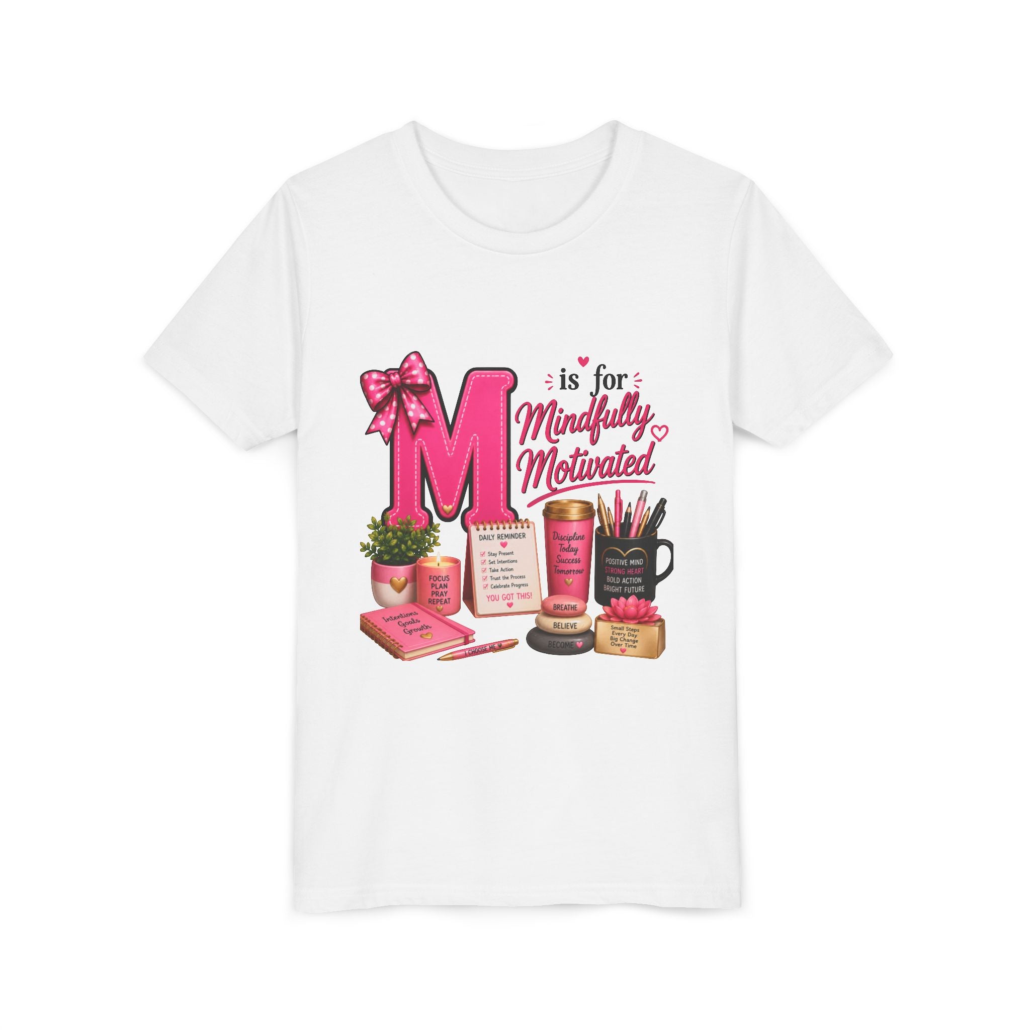 Youth Tee — "M is for Mindfully Motivated" Inspirational Pink Desk Art Shirt