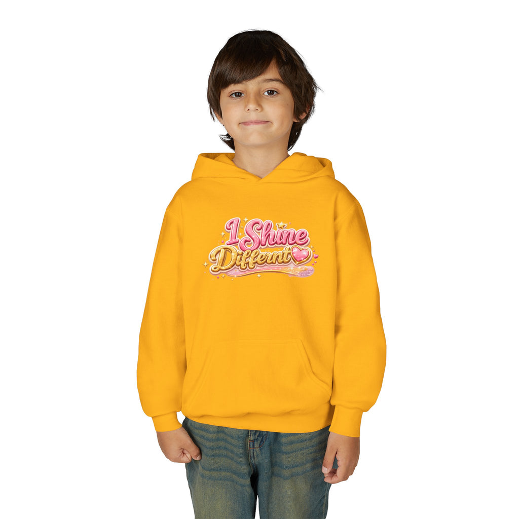 Youth Hoodie — "I Shine Different" Cute Pink Glitter Text Kids Pullover