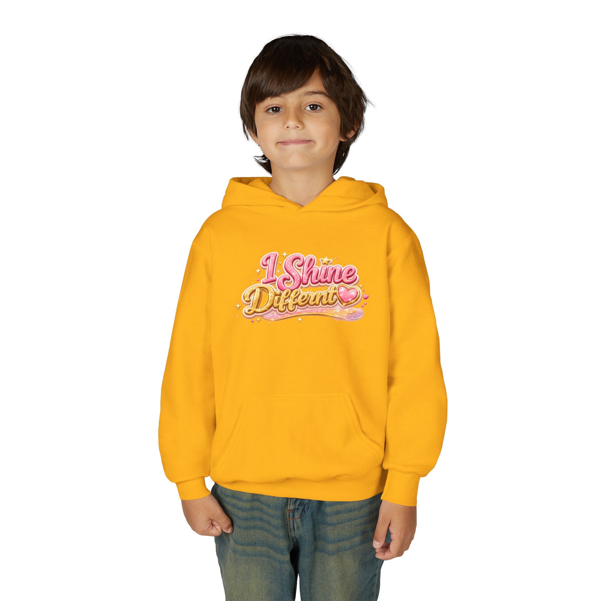 Youth Hoodie — "I Shine Different" Cute Pink Glitter Text Kids Pullover