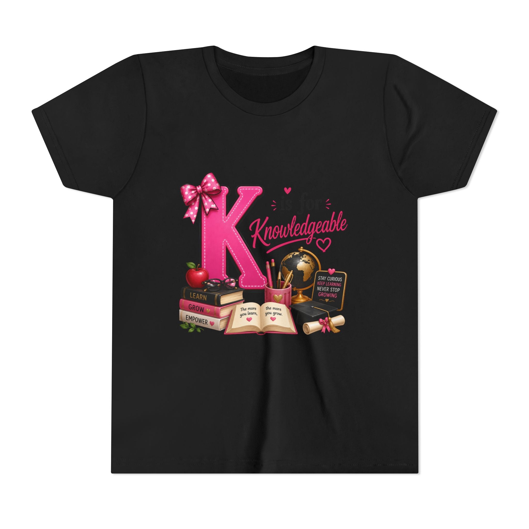 Youth Tee - "K is for Knowledgeable" Pink Alphabet School Shirt