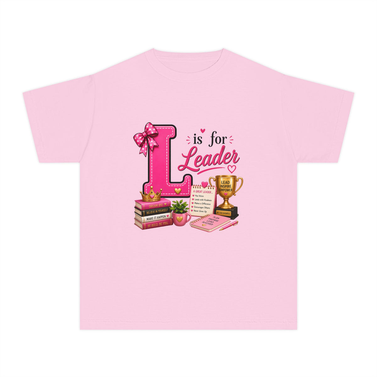 Youth Tee - "L is for Leader" Pink Scholar Trophy Design
