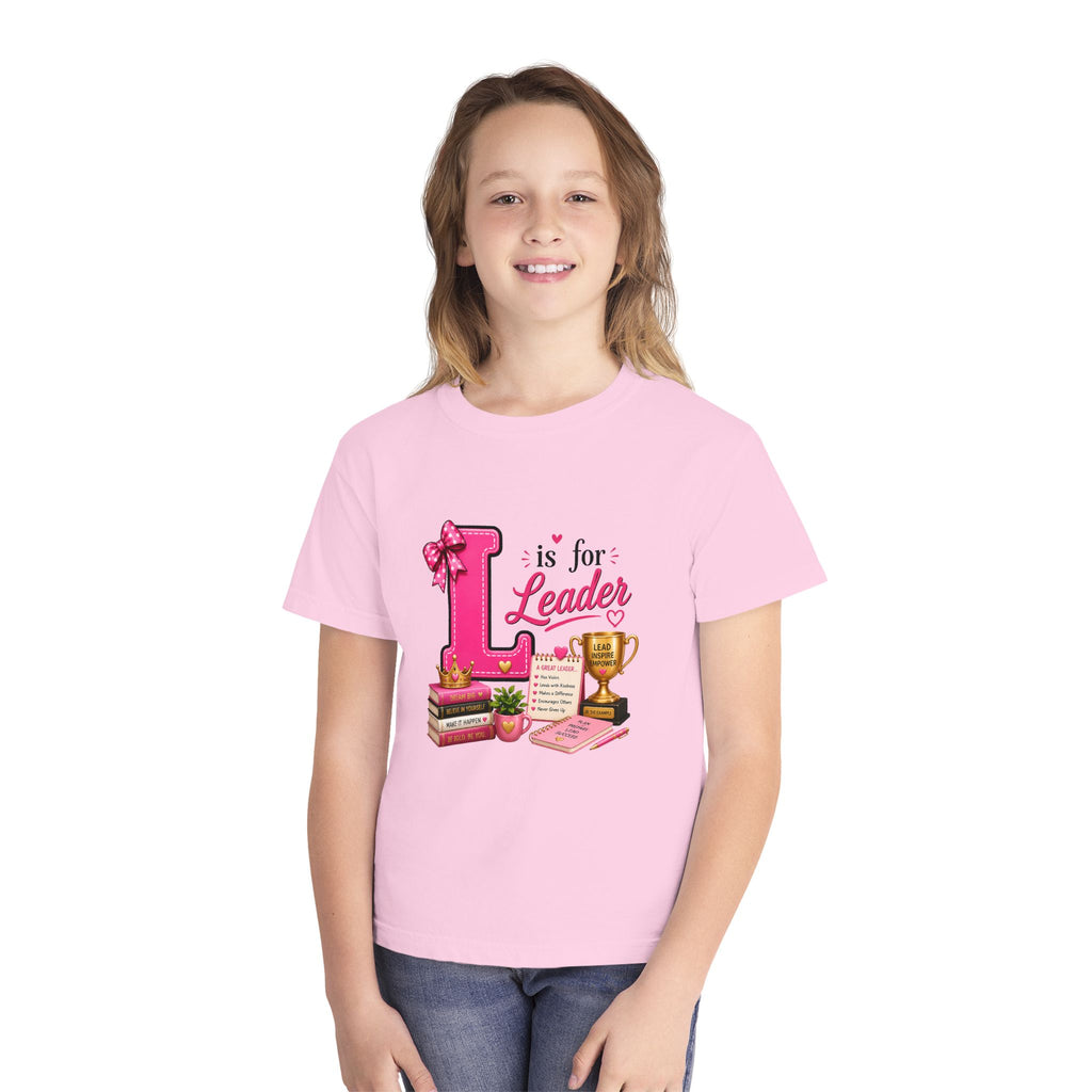 Youth Tee - "L is for Leader" Pink Scholar Trophy Design