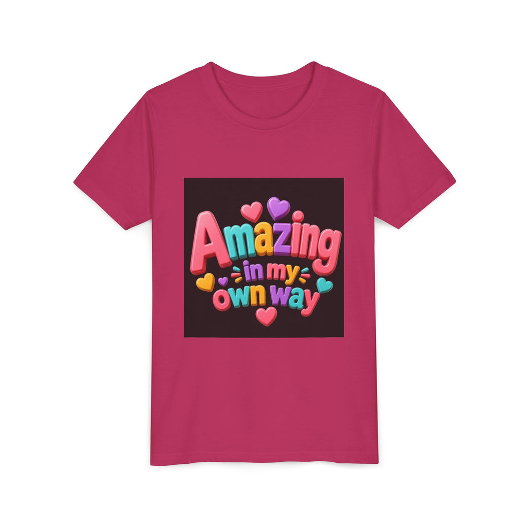 Youth Tee — "Amazing in My Own Way" Colorful Heart Kids T-Shirt