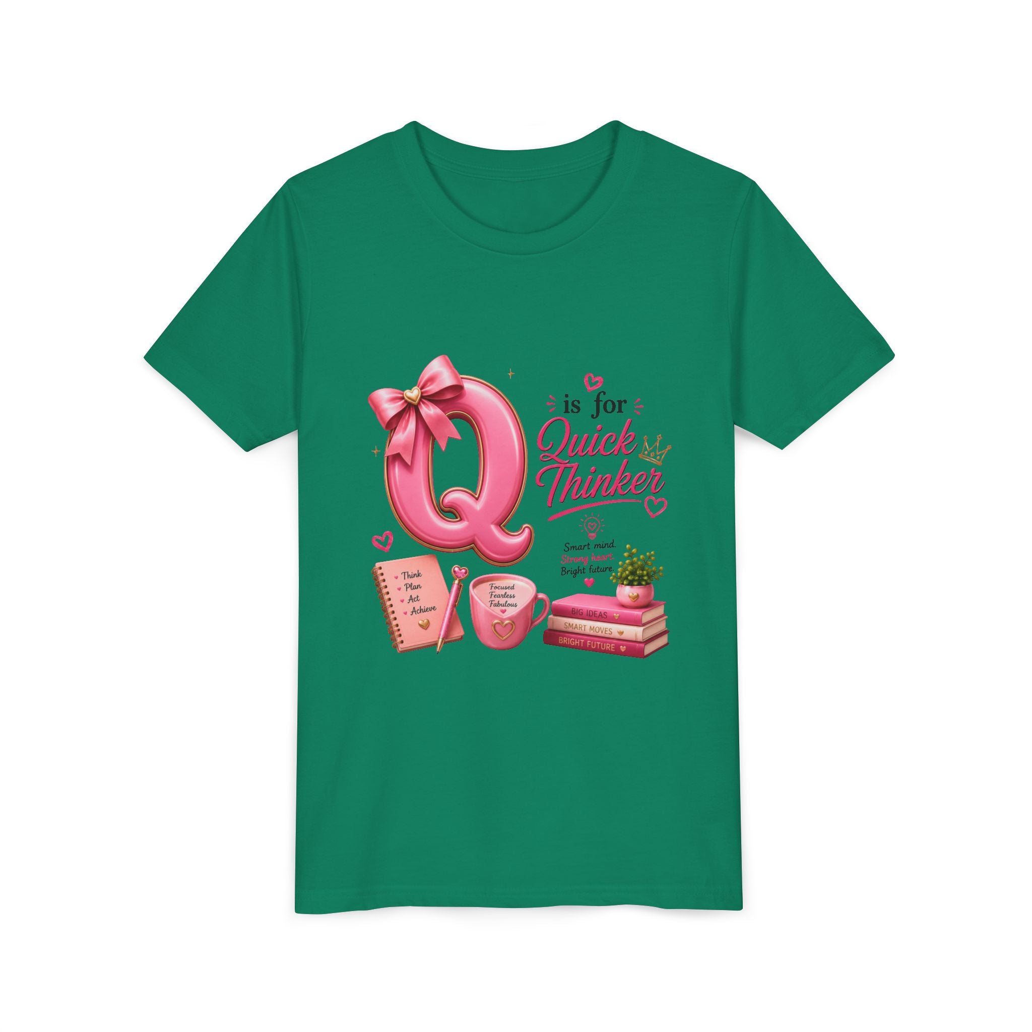 Youth Tee — "Q is for Quick Thinker" Pink Alphabet Shirt