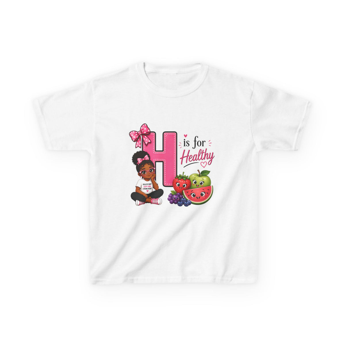 Kids Tee — "H is for Healthy" Cute Fruit & Girl Wellness Design