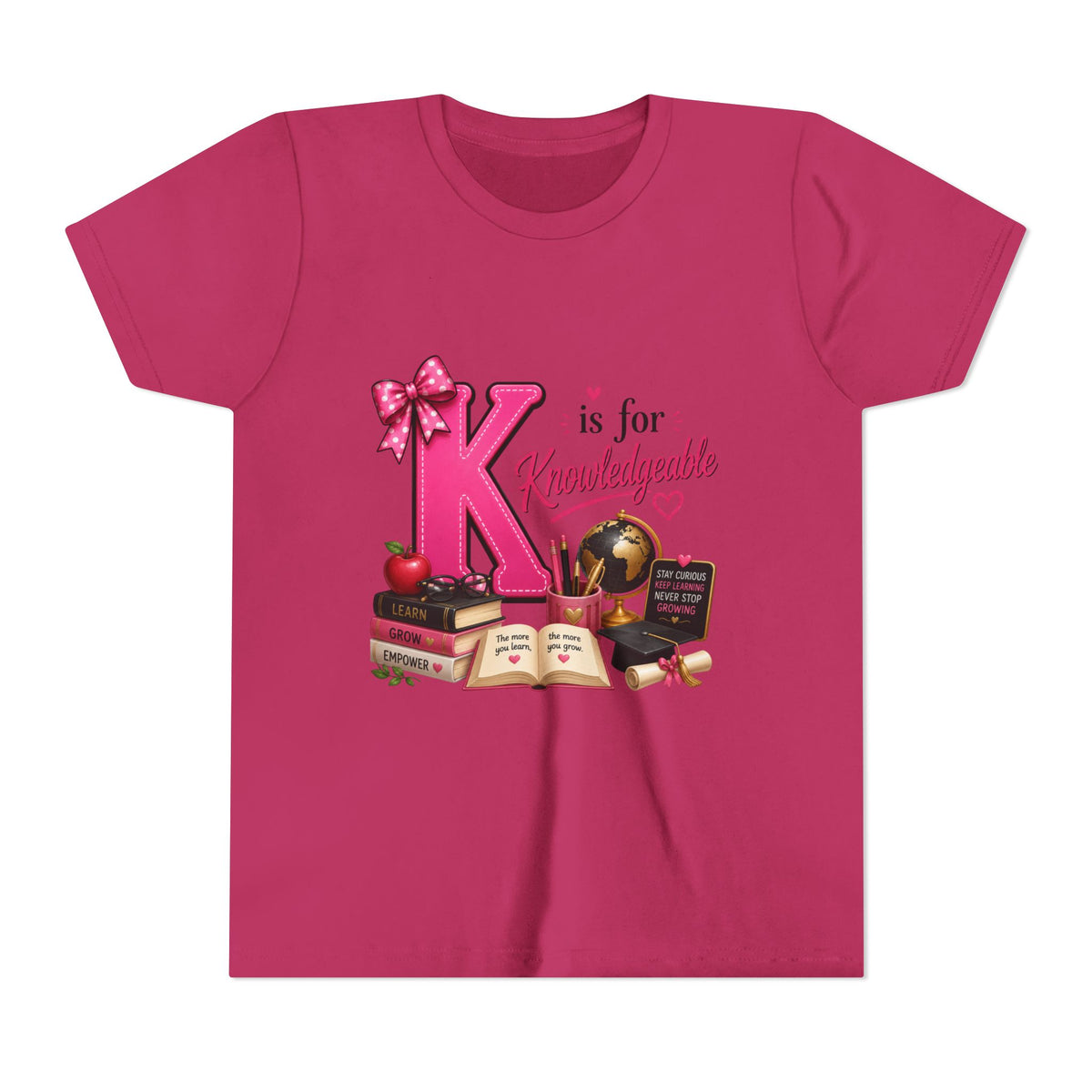 Youth Tee - "K is for Knowledgeable" Pink Alphabet School Shirt