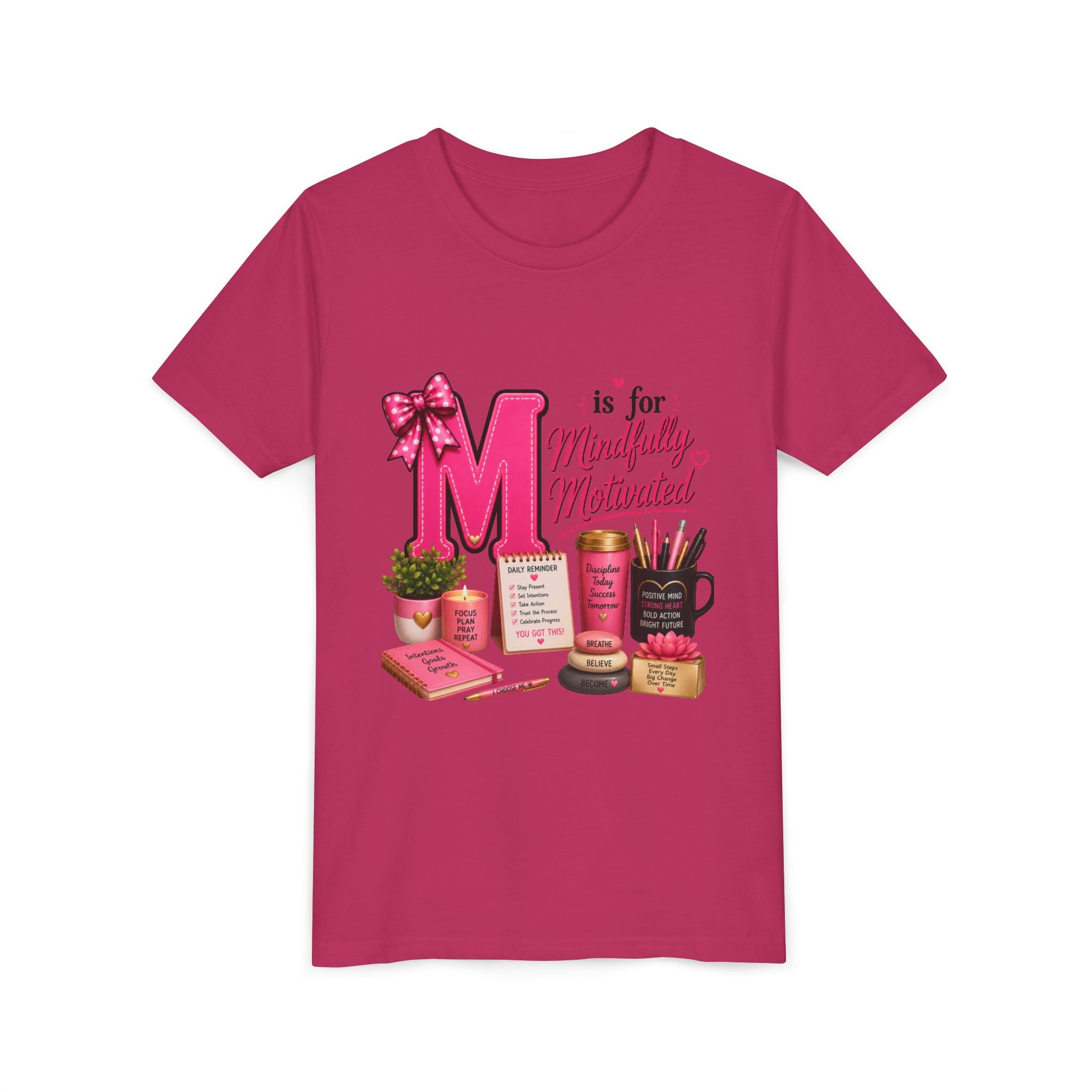Youth Tee — "M is for Mindfully Motivated" Inspirational Pink Desk Art Shirt