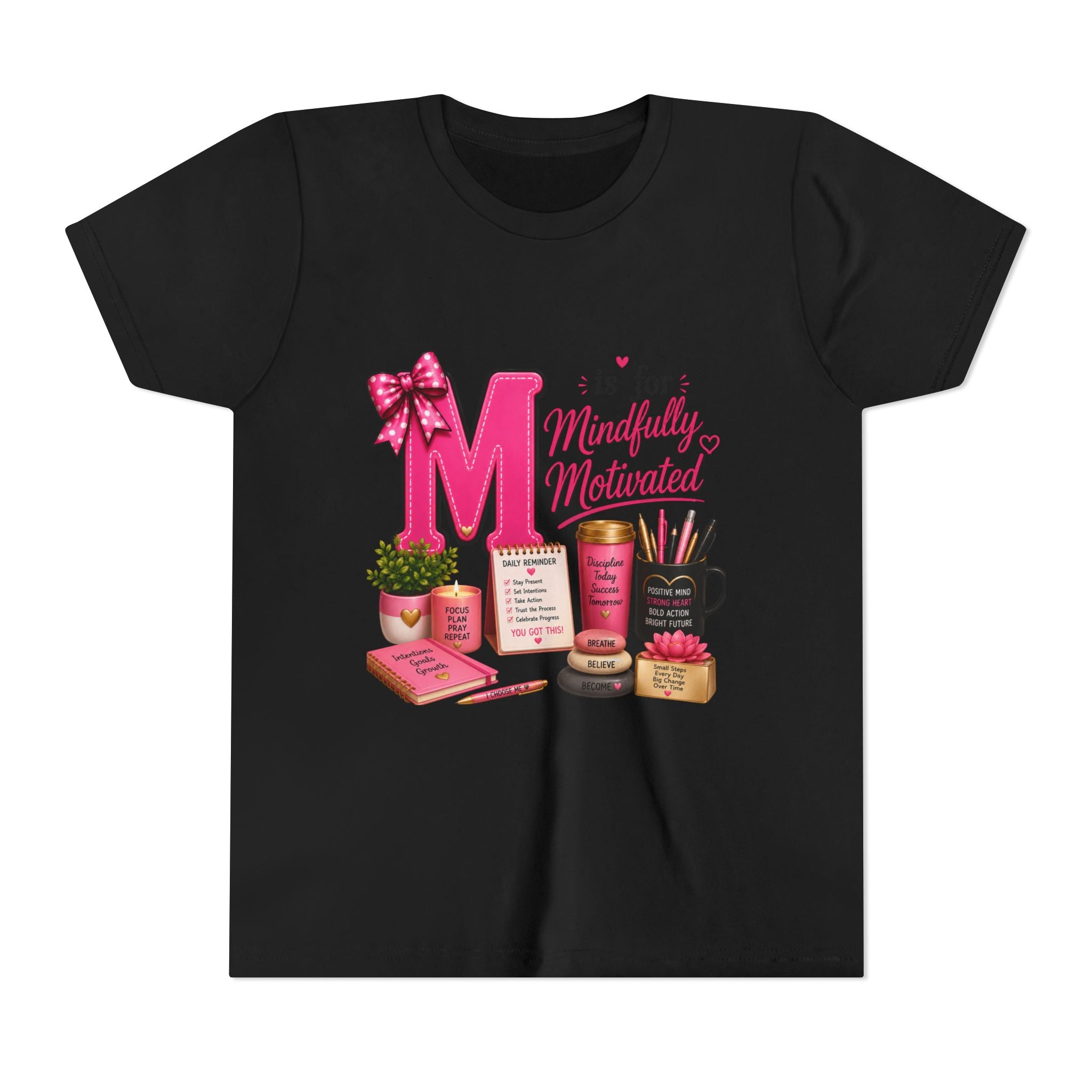 Youth Tee — "M is for Mindfully Motivated" Inspirational Pink Desk Art Shirt