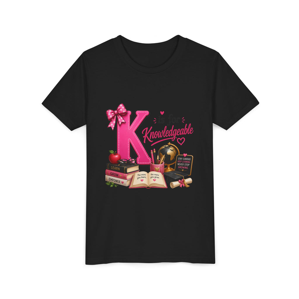 Youth Tee - "K is for Knowledgeable" Pink Alphabet School Shirt