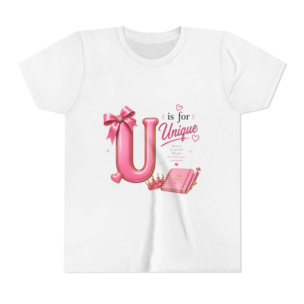 Youth Tee — "U is for Unique" Pink Alphabet Kids T‑Shirt