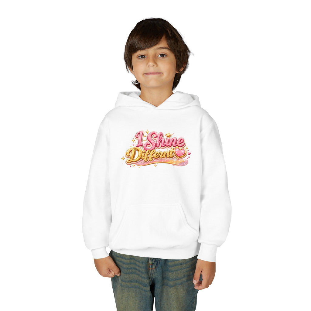 Youth Hoodie — "I Shine Different" Cute Pink Glitter Text Kids Pullover