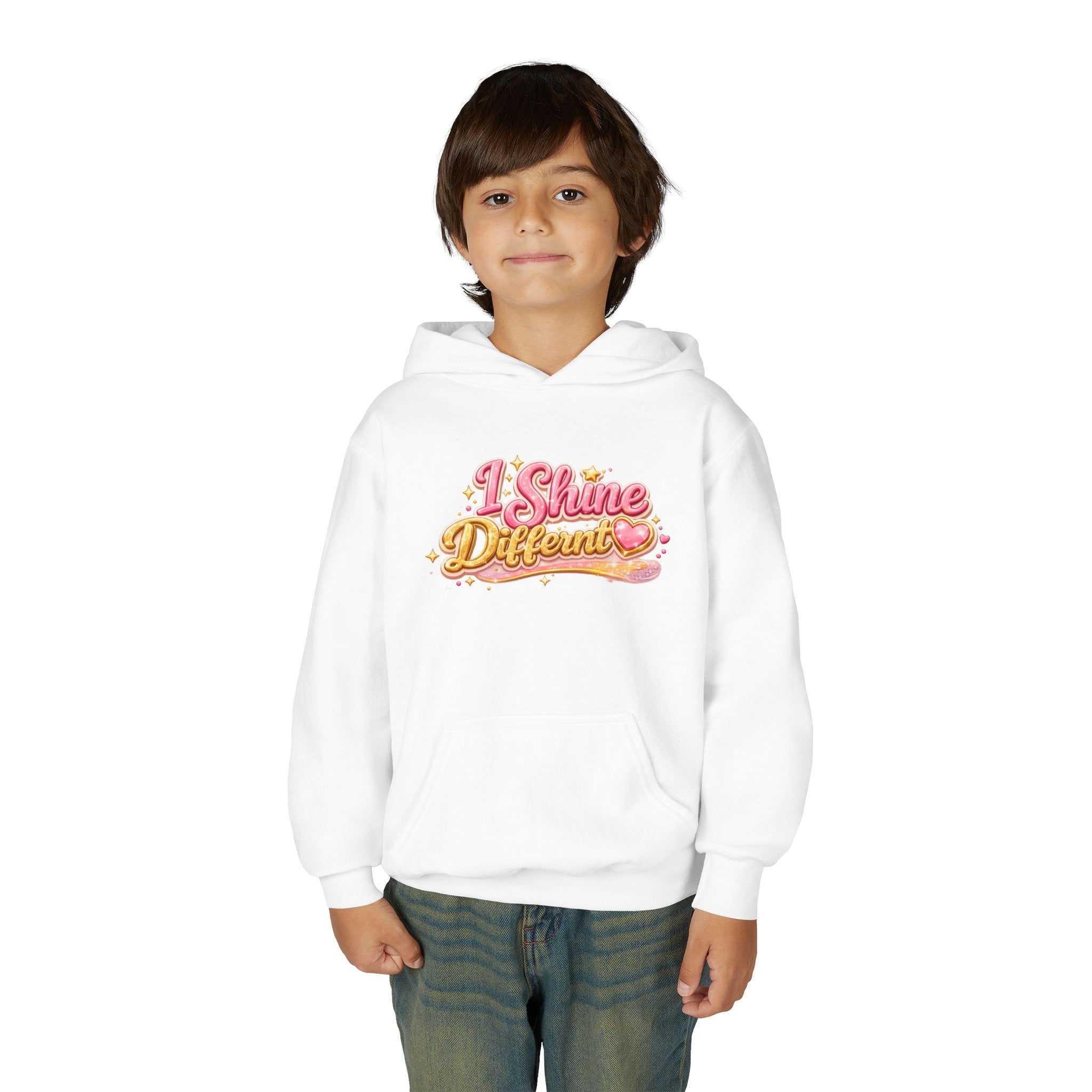 Youth Hoodie — "I Shine Different" Cute Pink Glitter Text Kids Pullover