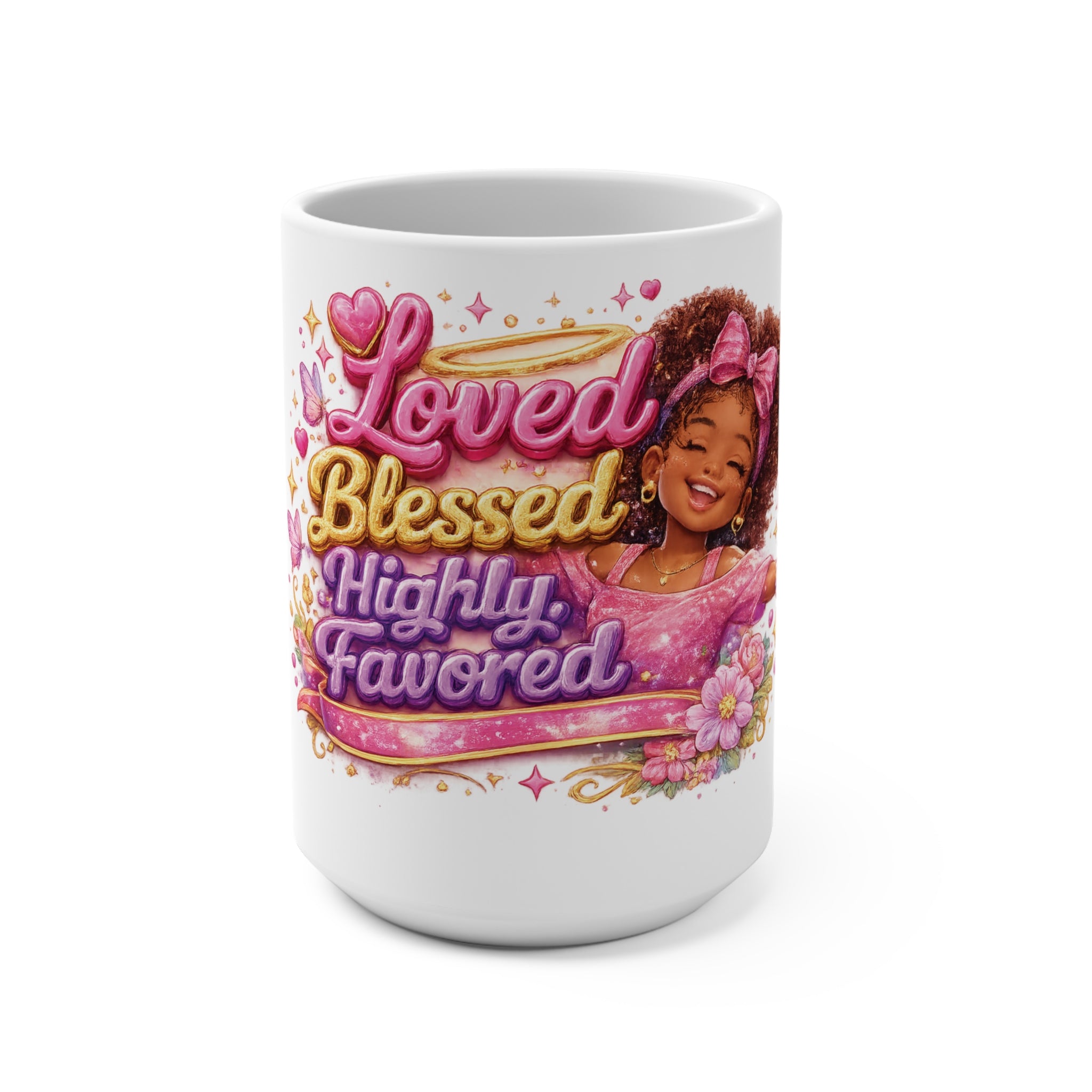 Loved Blessed Highly Favored Mug — Inspirational Coffee Cup for Girls