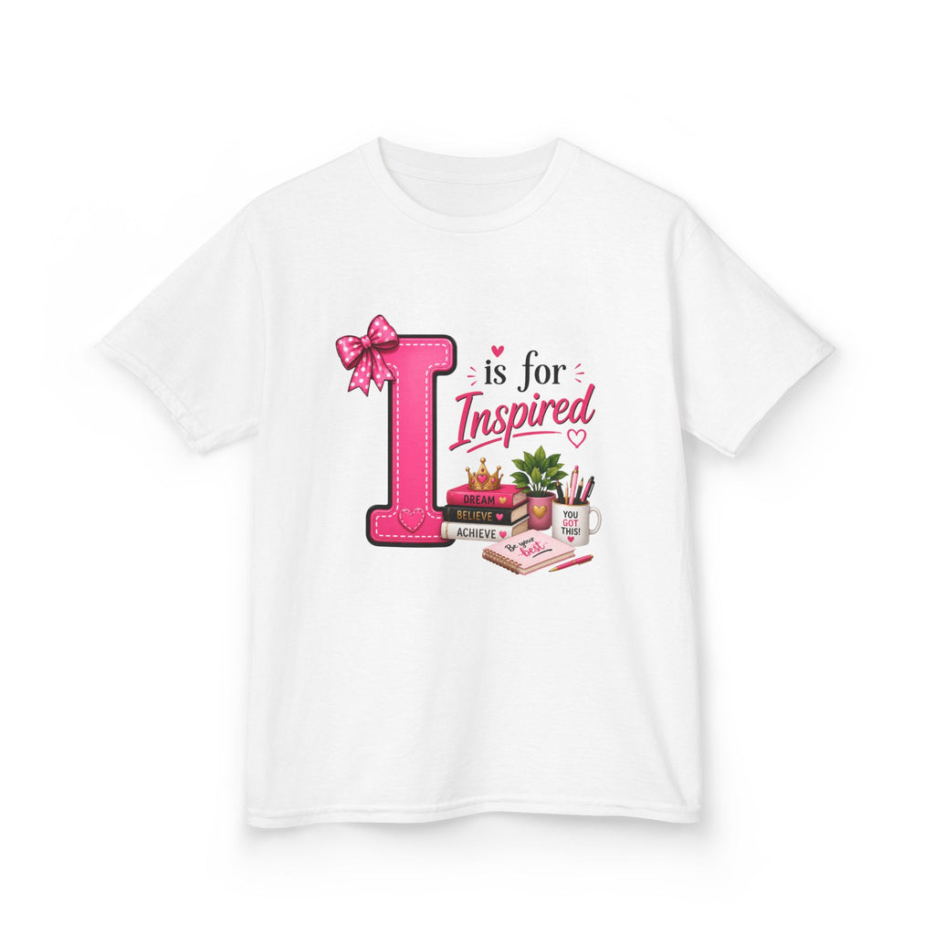 Kids Tee — "I is for Inspired" Alphabet Design (Pink, Cute Learning Shirt)