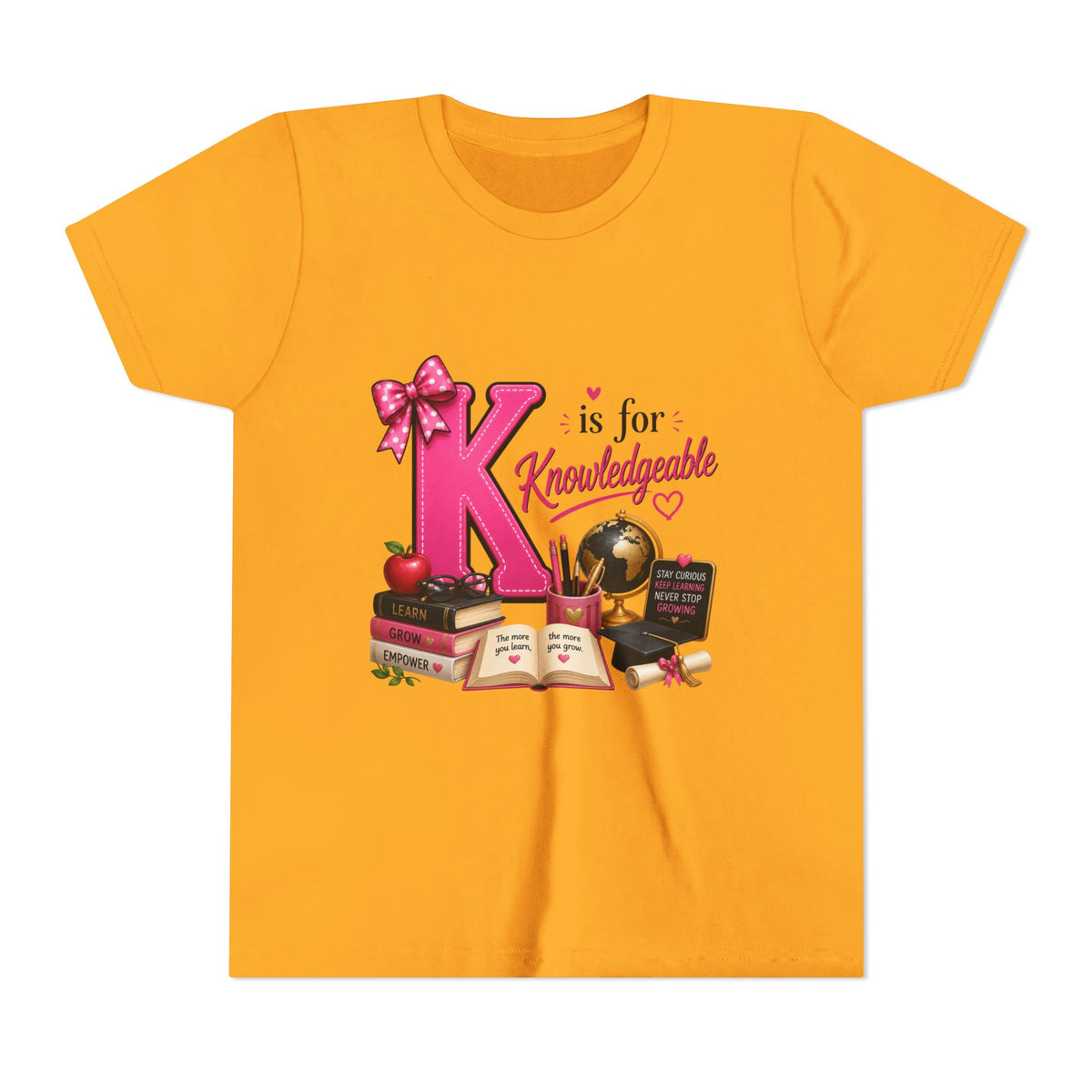 Youth Tee - "K is for Knowledgeable" Pink Alphabet School Shirt