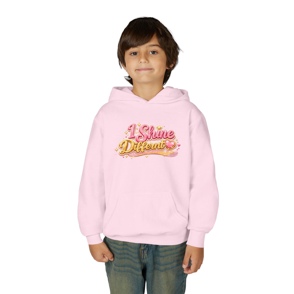 Youth Hoodie — "I Shine Different" Cute Pink Glitter Text Kids Pullover
