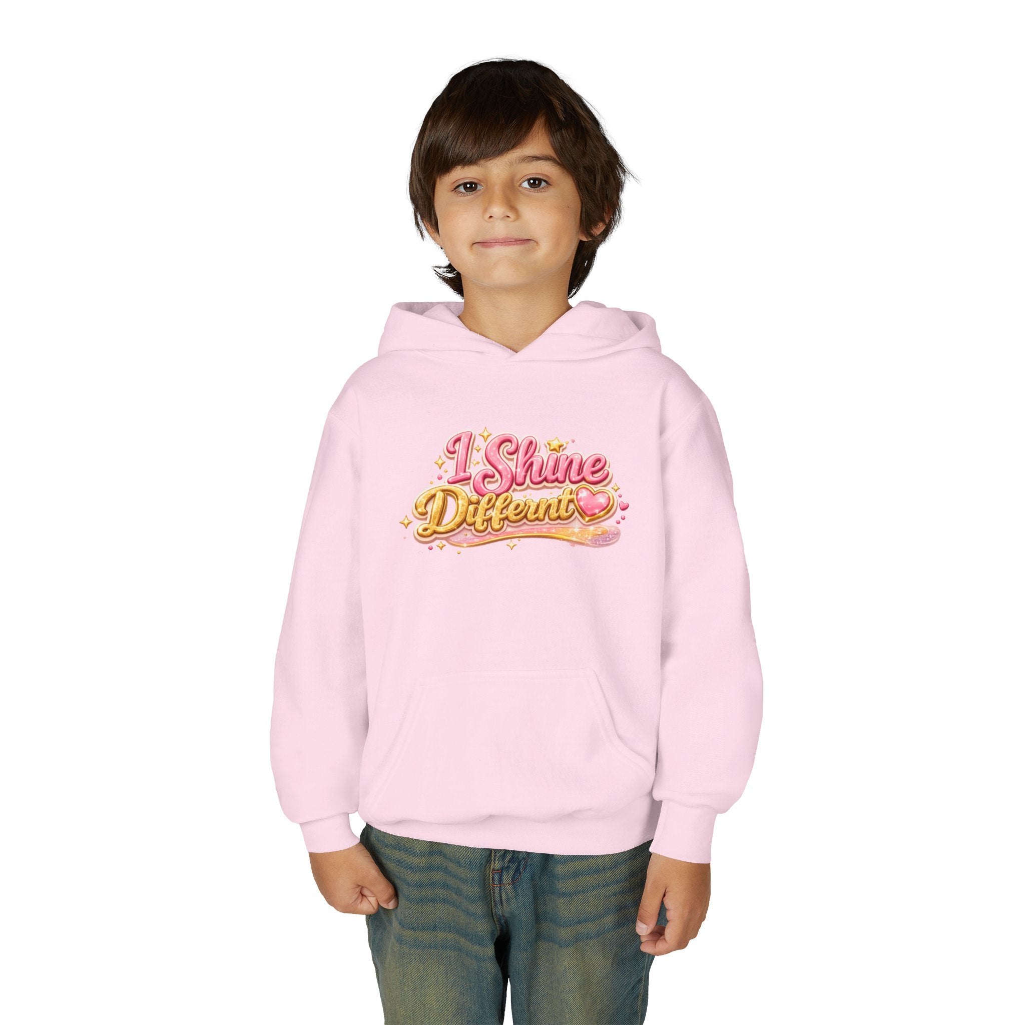 Youth Hoodie — "I Shine Different" Cute Pink Glitter Text Kids Pullover