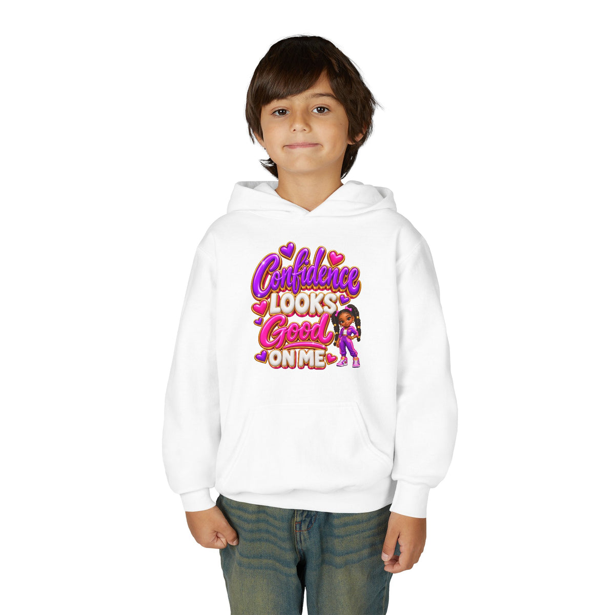 Youth Hoodie — "Confidence Looks Good on Me" Graphic