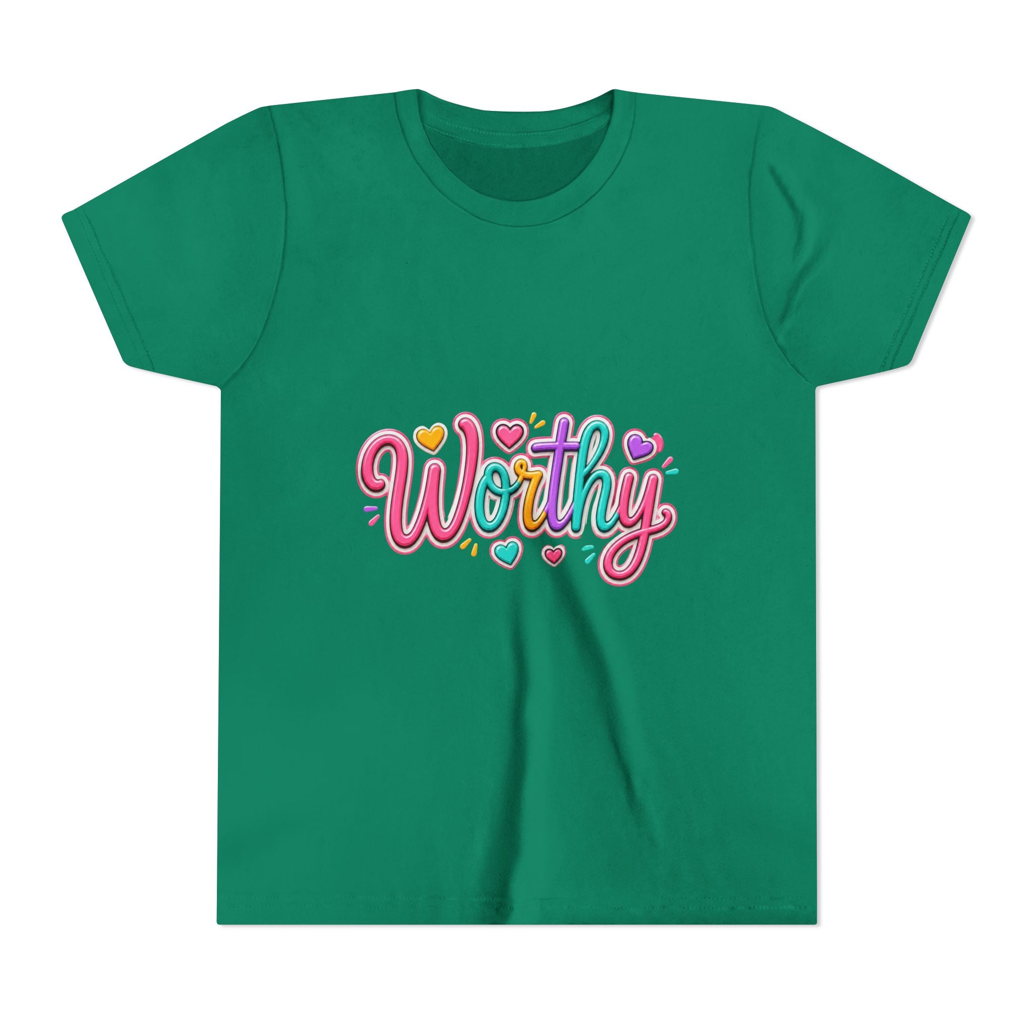 Worthy Kids Tee — Colorful Heart Graphic Youth Short Sleeve Shirt