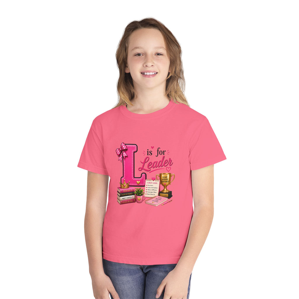 Youth Tee - "L is for Leader" Pink Scholar Trophy Design
