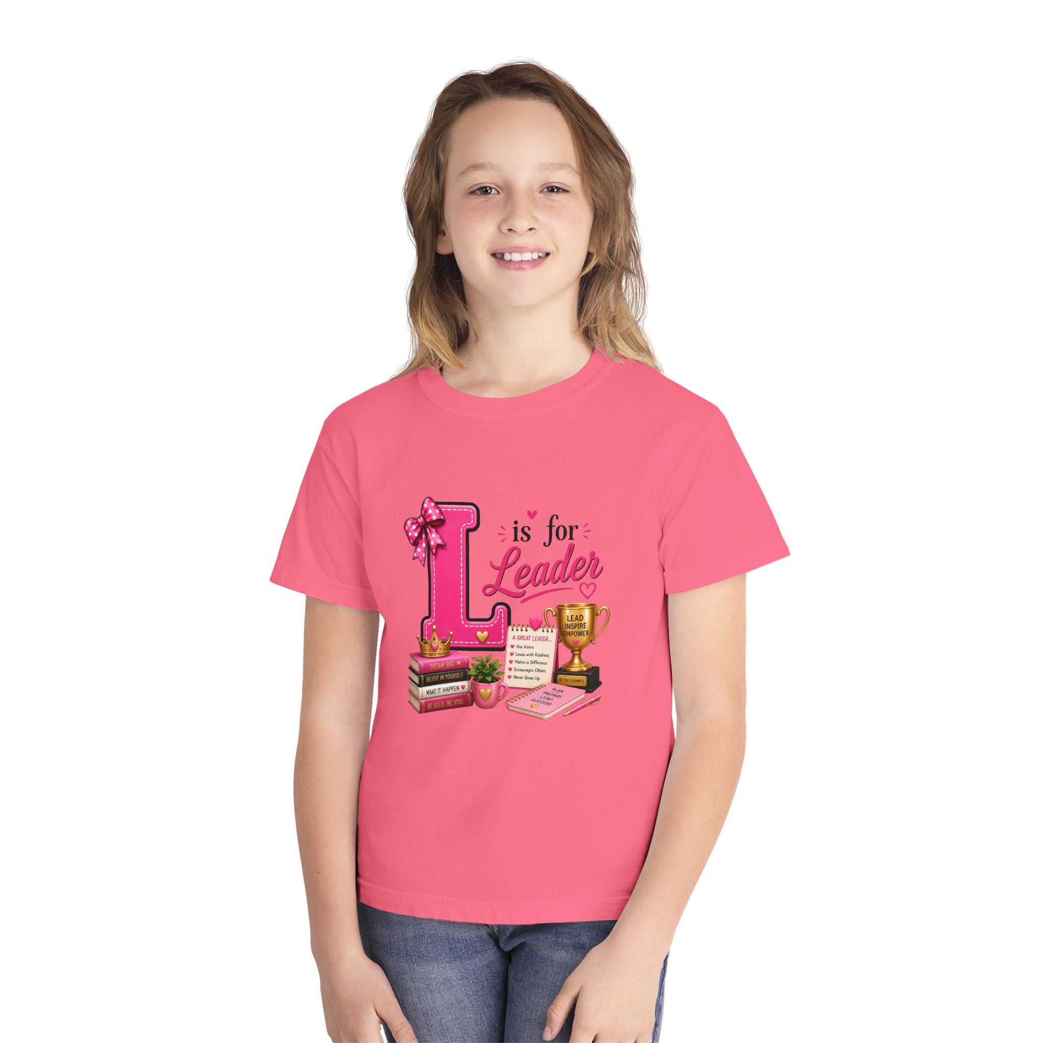 Youth Tee - "L is for Leader" Pink Scholar Trophy Design