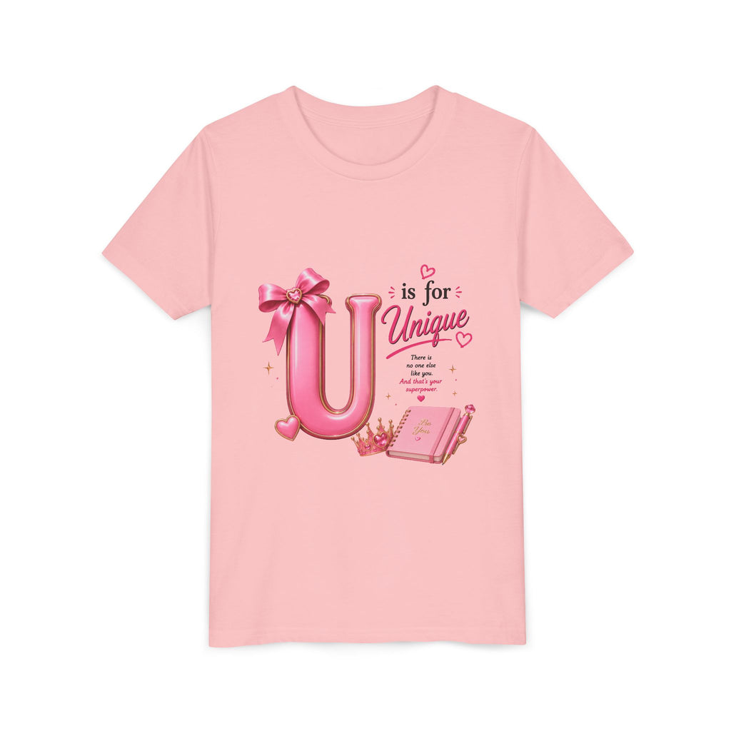 Youth Tee — "U is for Unique" Pink Alphabet Kids T‑Shirt