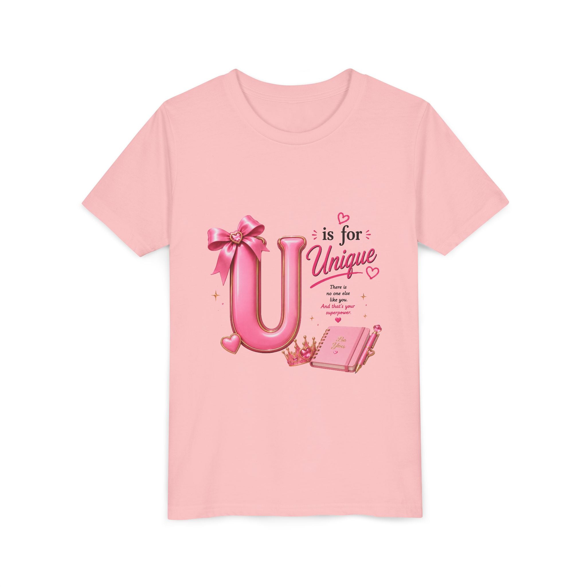 Youth Tee — "U is for Unique" Pink Alphabet Kids T‑Shirt