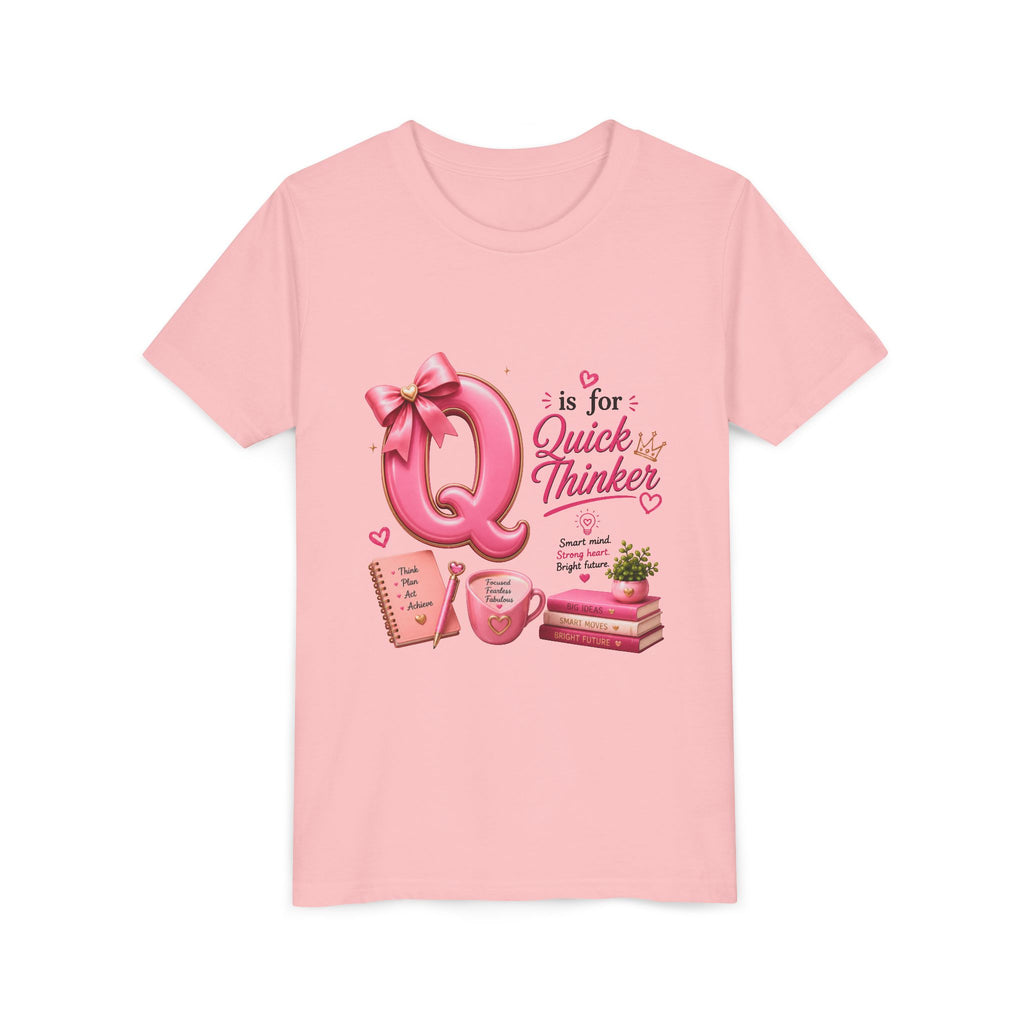Youth Tee — "Q is for Quick Thinker" Pink Alphabet Shirt