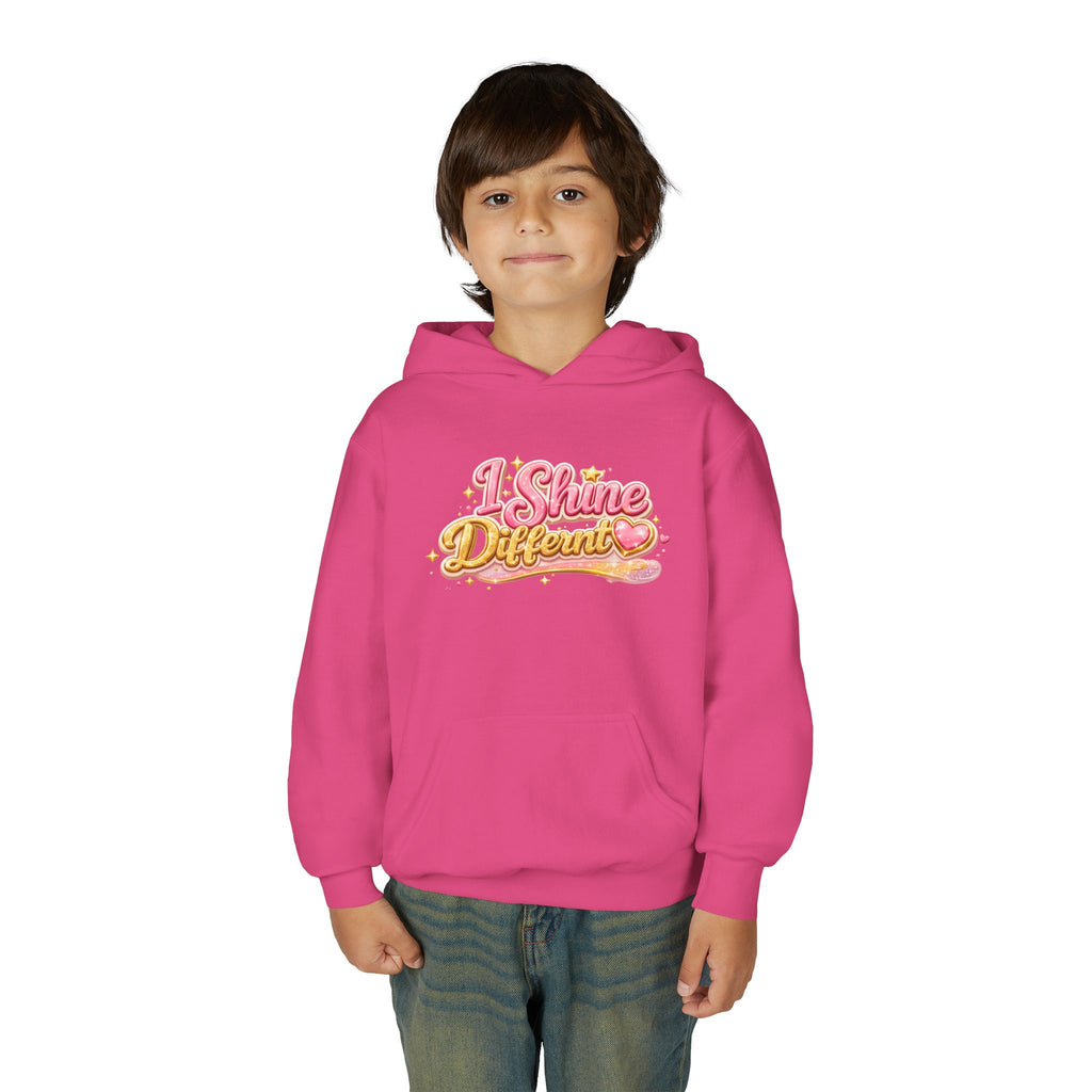 Youth Hoodie — "I Shine Different" Cute Pink Glitter Text Kids Pullover