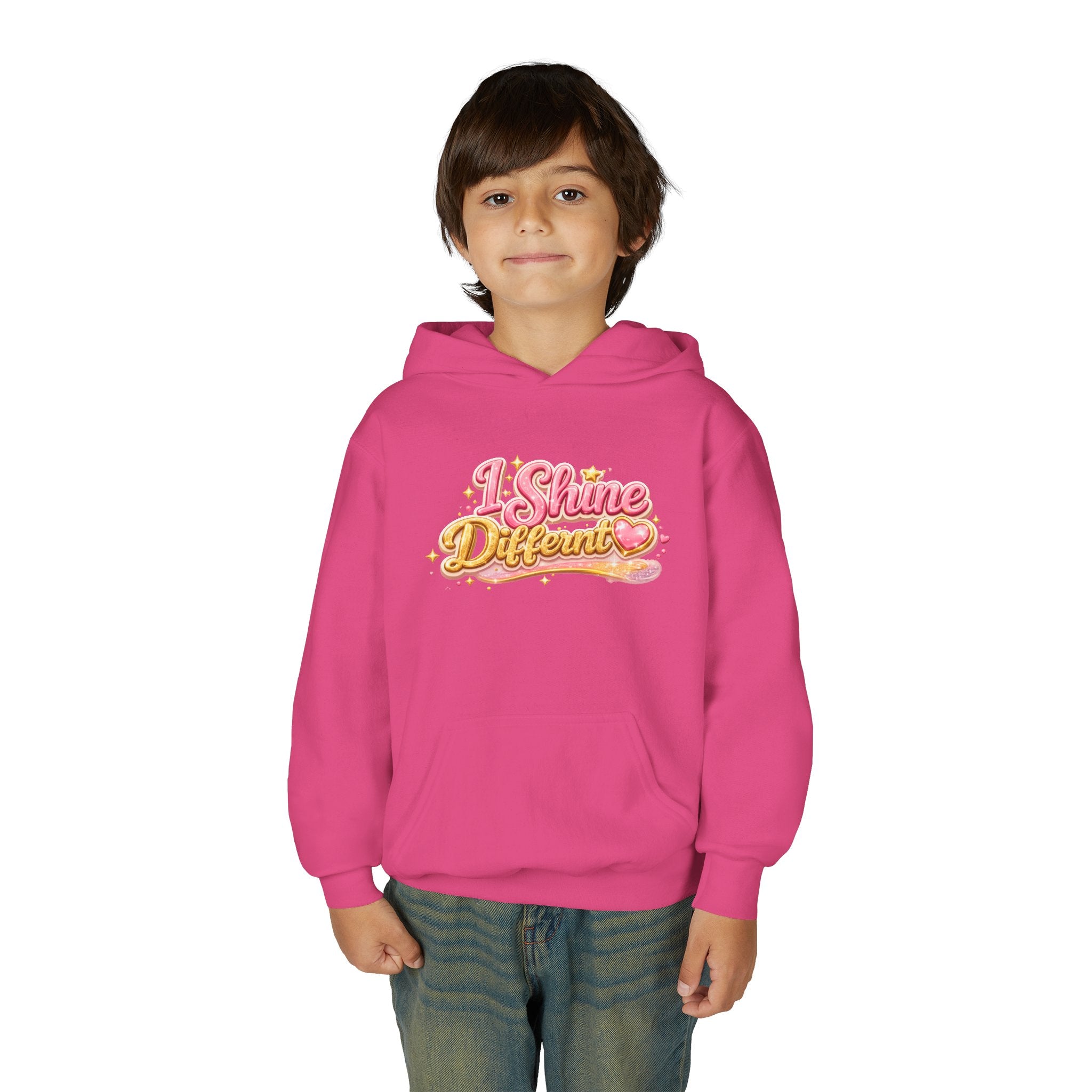 Youth Hoodie — "I Shine Different" Cute Pink Glitter Text Kids Pullover