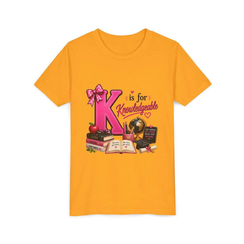 Youth Tee - "K is for Knowledgeable" Pink Alphabet School Shirt