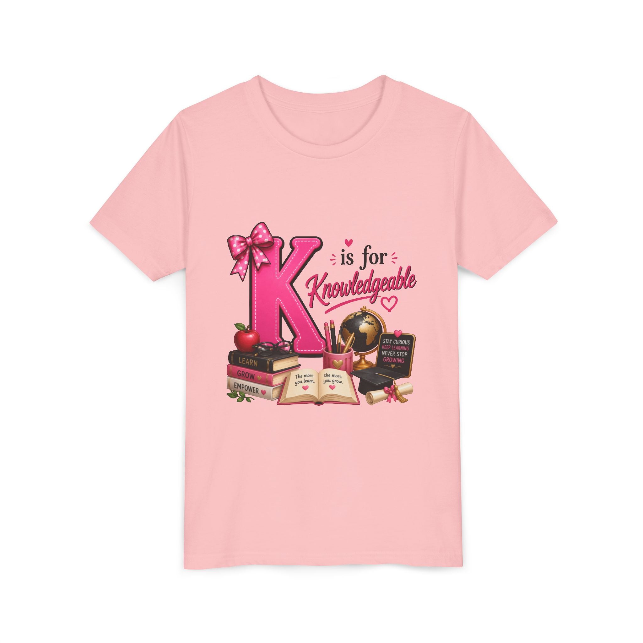 Youth Tee - "K is for Knowledgeable" Pink Alphabet School Shirt