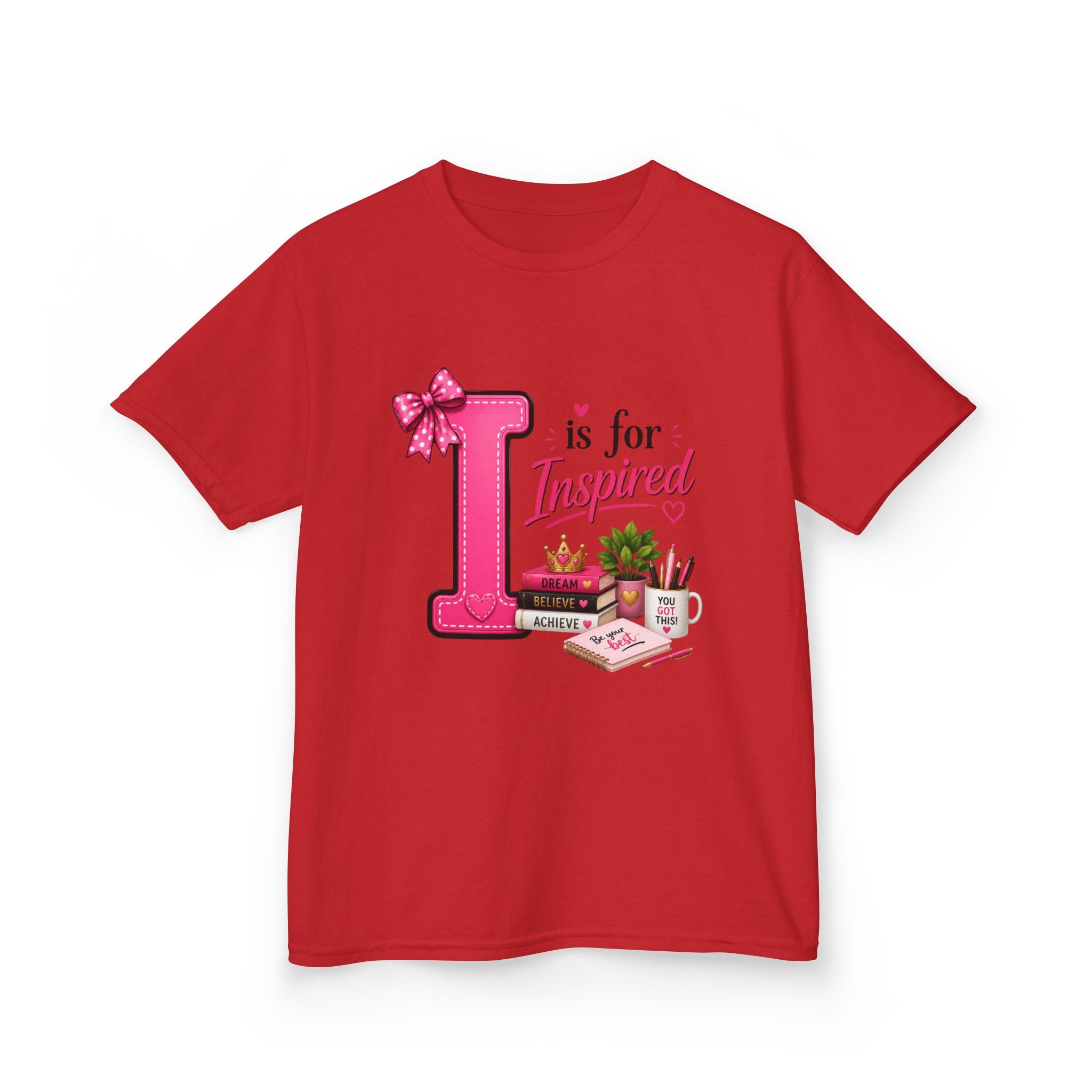 Kids Tee — "I is for Inspired" Alphabet Design (Pink, Cute Learning Shirt)
