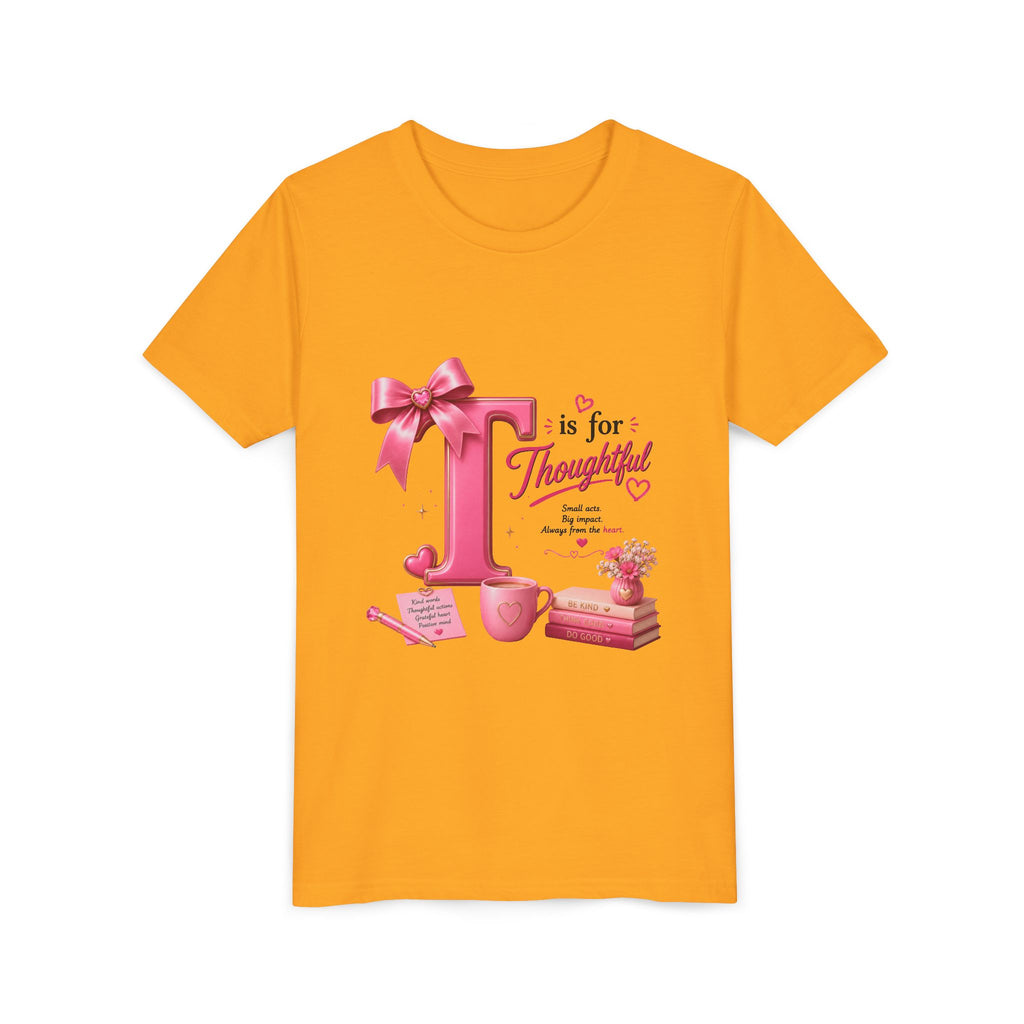 Youth Tee — "T is for Thoughtful" Pink Alphabet Kids Shirt