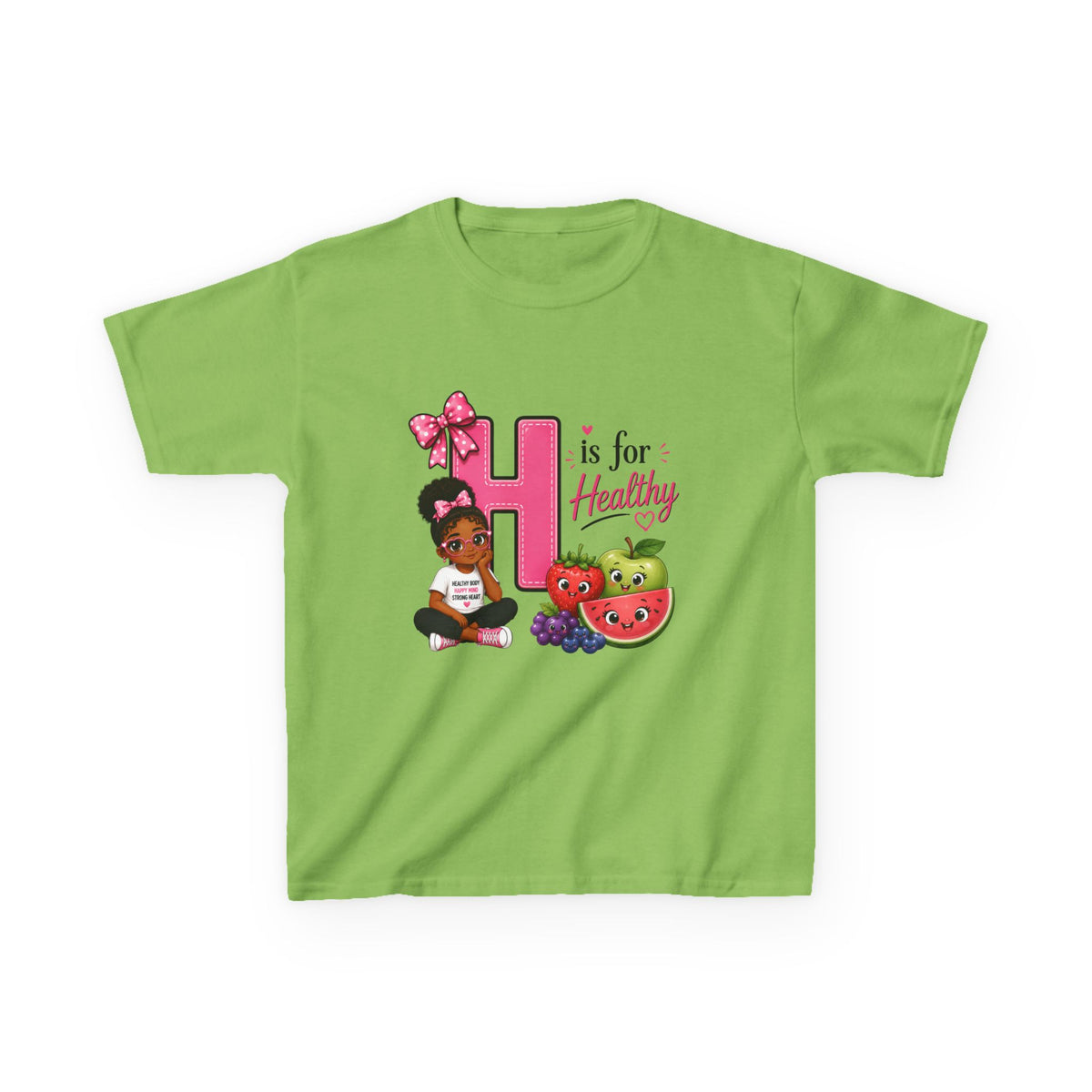 Kids Tee — "H is for Healthy" Cute Fruit & Girl Wellness Design
