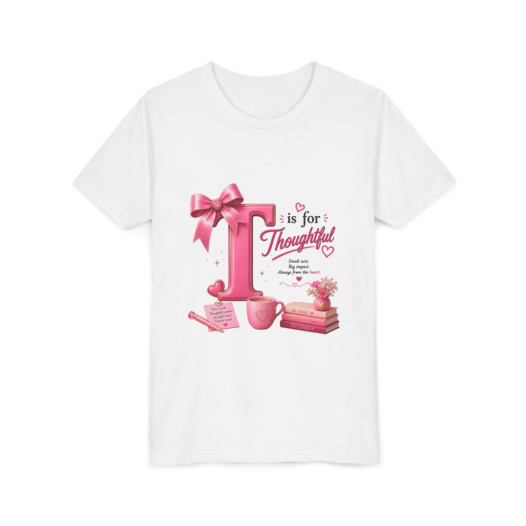 Youth Tee — "T is for Thoughtful" Pink Alphabet Kids Shirt