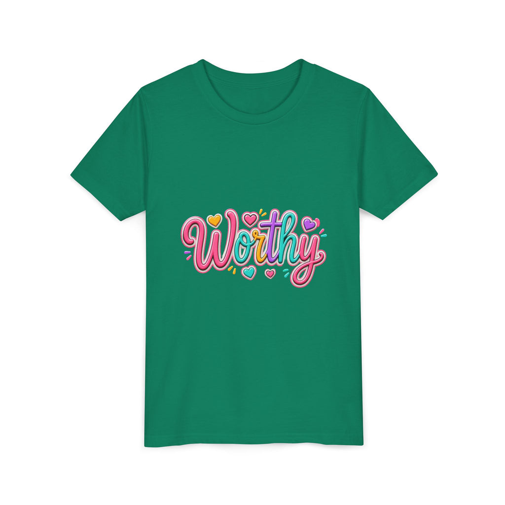 Worthy Kids Tee — Colorful Heart Graphic Youth Short Sleeve Shirt