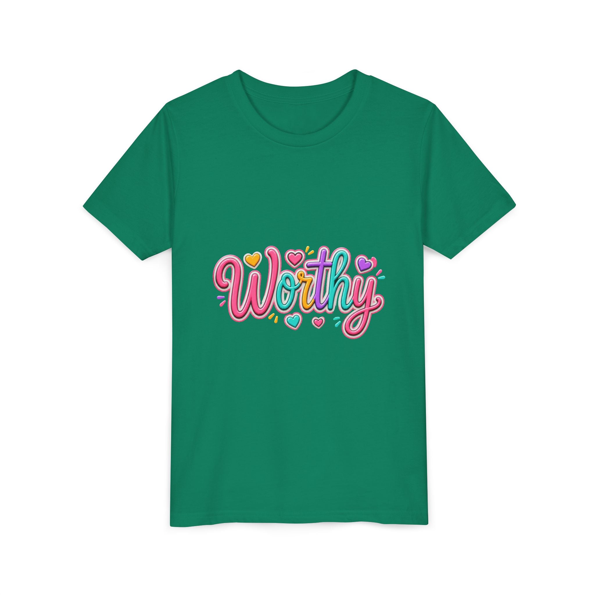 Worthy Kids Tee — Colorful Heart Graphic Youth Short Sleeve Shirt