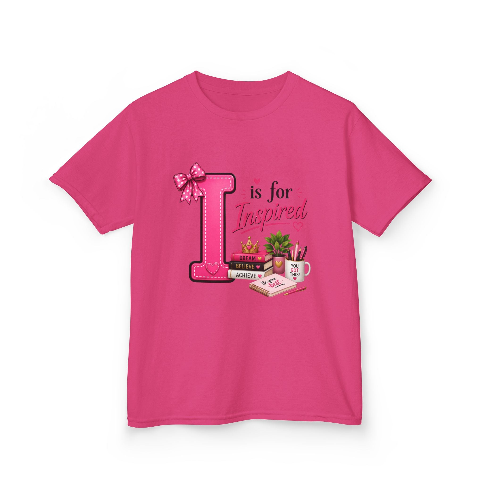 Kids Tee — "I is for Inspired" Alphabet Design (Pink, Cute Learning Shirt)