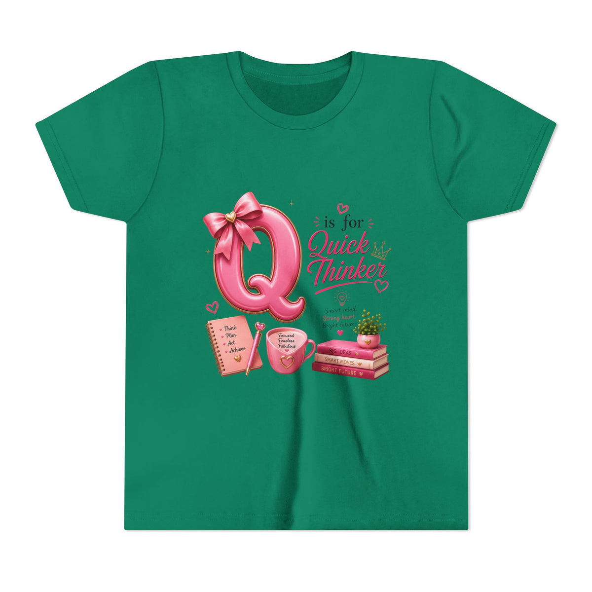 Youth Tee — "Q is for Quick Thinker" Pink Alphabet Shirt