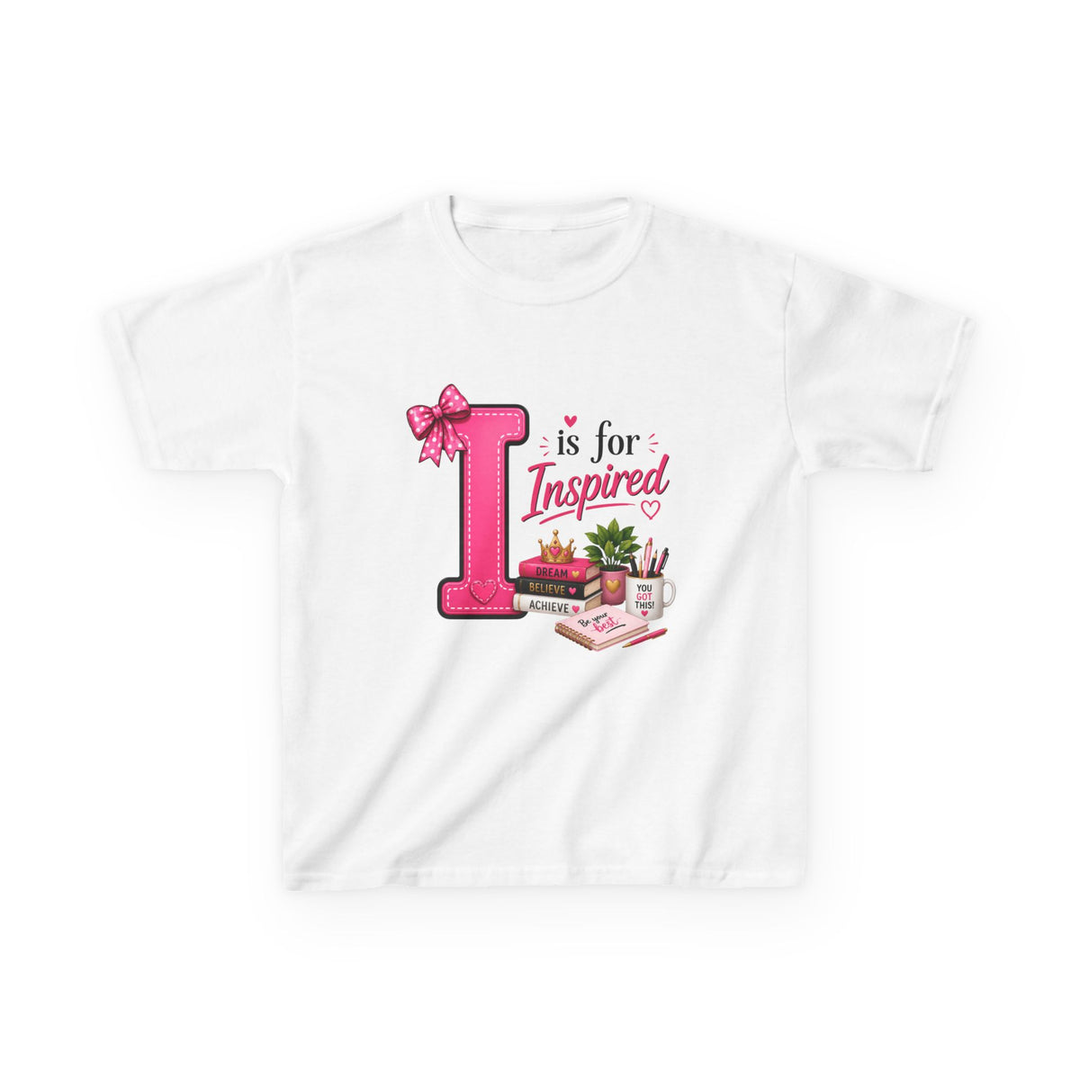 Kids Tee — "I is for Inspired" Alphabet Design (Pink, Cute Learning Shirt)