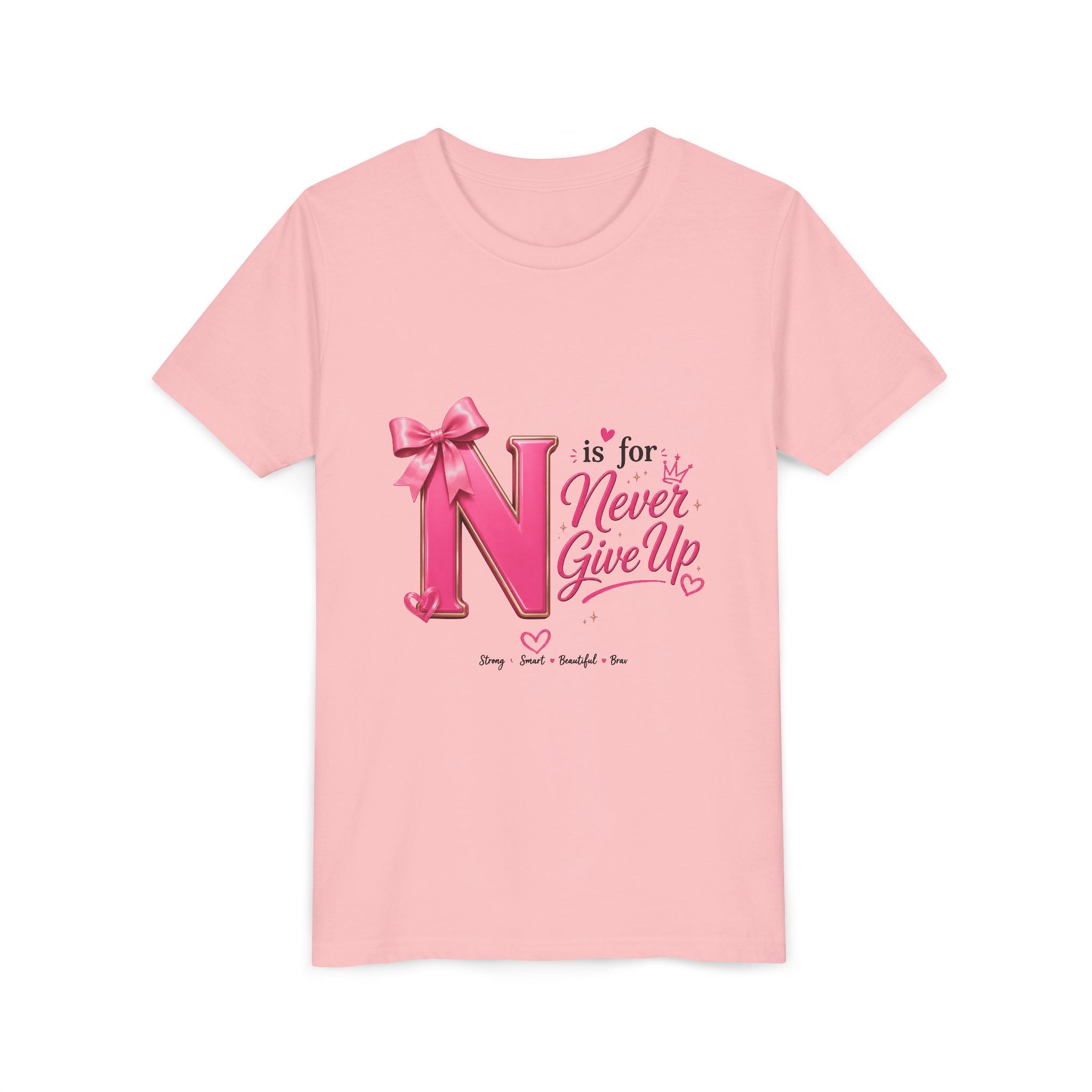 Youth Tee - "N is for Never Give Up" Inspirational Pink Letter Kids Shirt